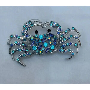 Crab Pin Brooch Pin Rhinestone Crystal Pearl Jewelry Silver Light Blue 1"